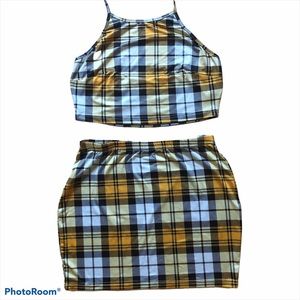 Shein Yellow Plaid Crop and Mini Set - M